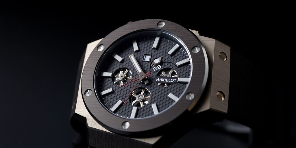 שעון יד יוקרתי של Hublot על רקע כהה